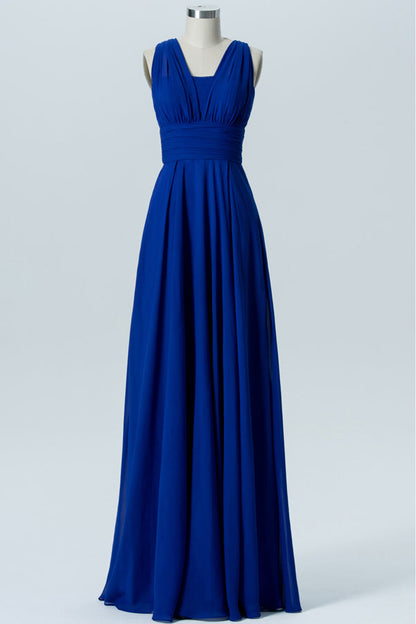 Royal Blue Chiffon Tying Back Banded Waist Bridesmaid Dress