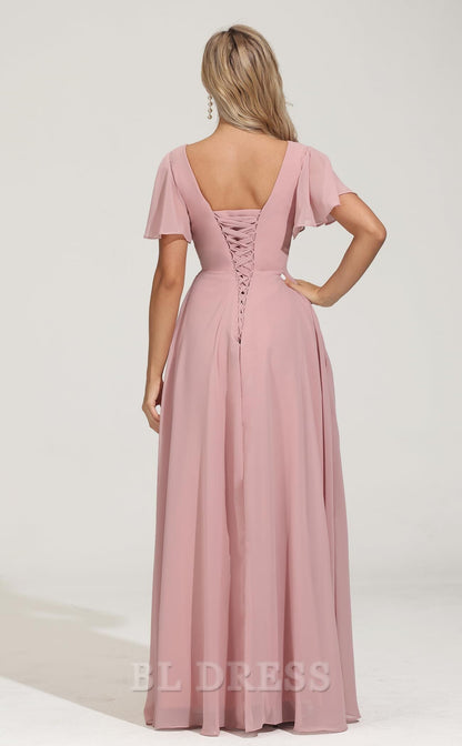 A-line V Neck Short Sleeves Chiffon Pleated formal dresses Bridesmaid Dresses evening gown Prom Dress with Slit