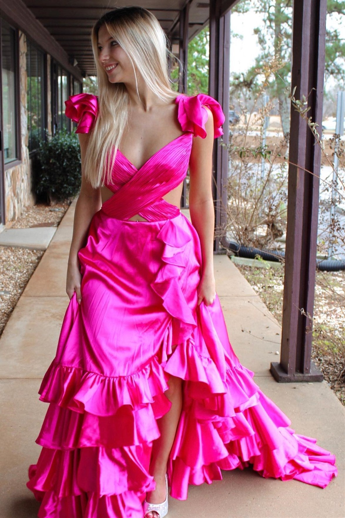 Red Cutout Ruffle A-Line Long Prom Dress with Slit