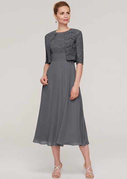 A-linePrincess Scoop Neck Sleeveless Tea-Length Chiffon Mother of the Bride Dress With Lace Jack Shortet