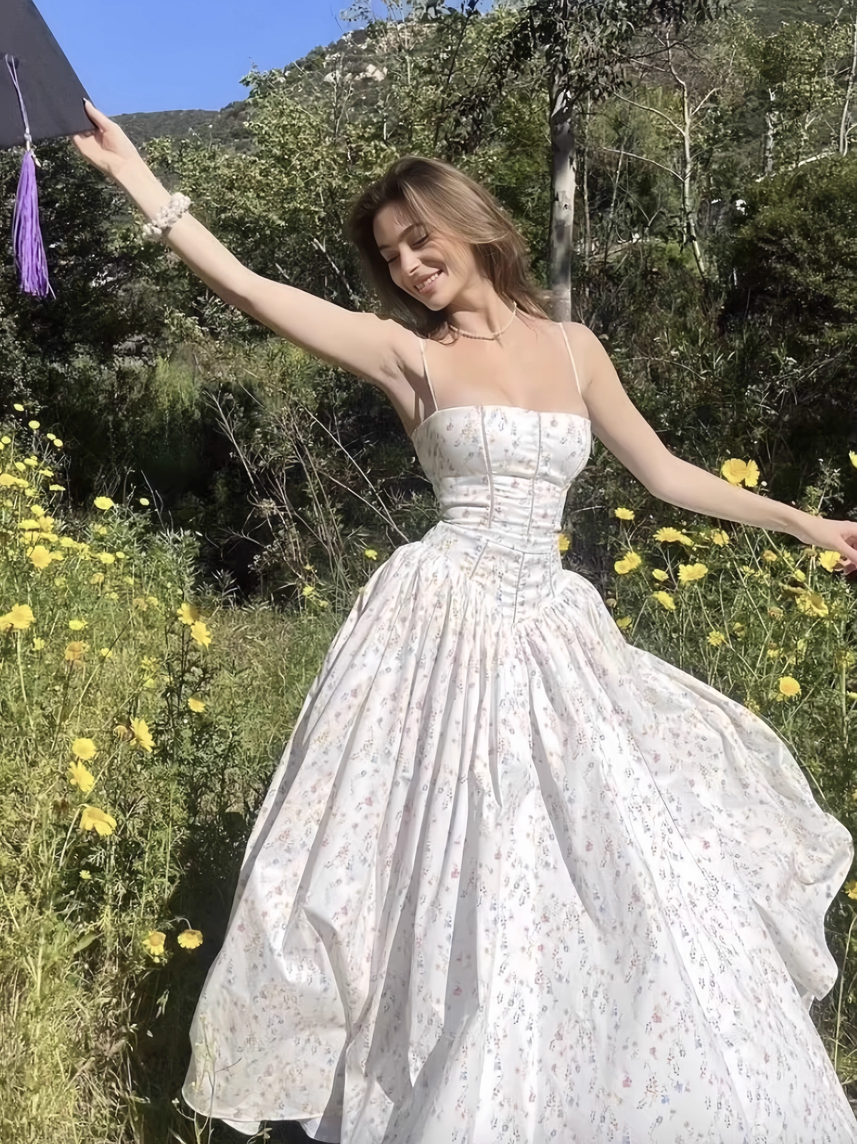 Chic Floral A-Line Spaghetti Strap Long Party Dress HZ1024
