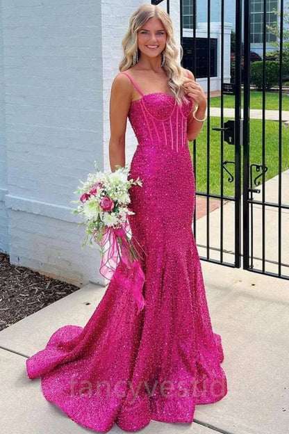 Straps Blue Sweetheart Sequin Beaded Mermaid Prom Dress