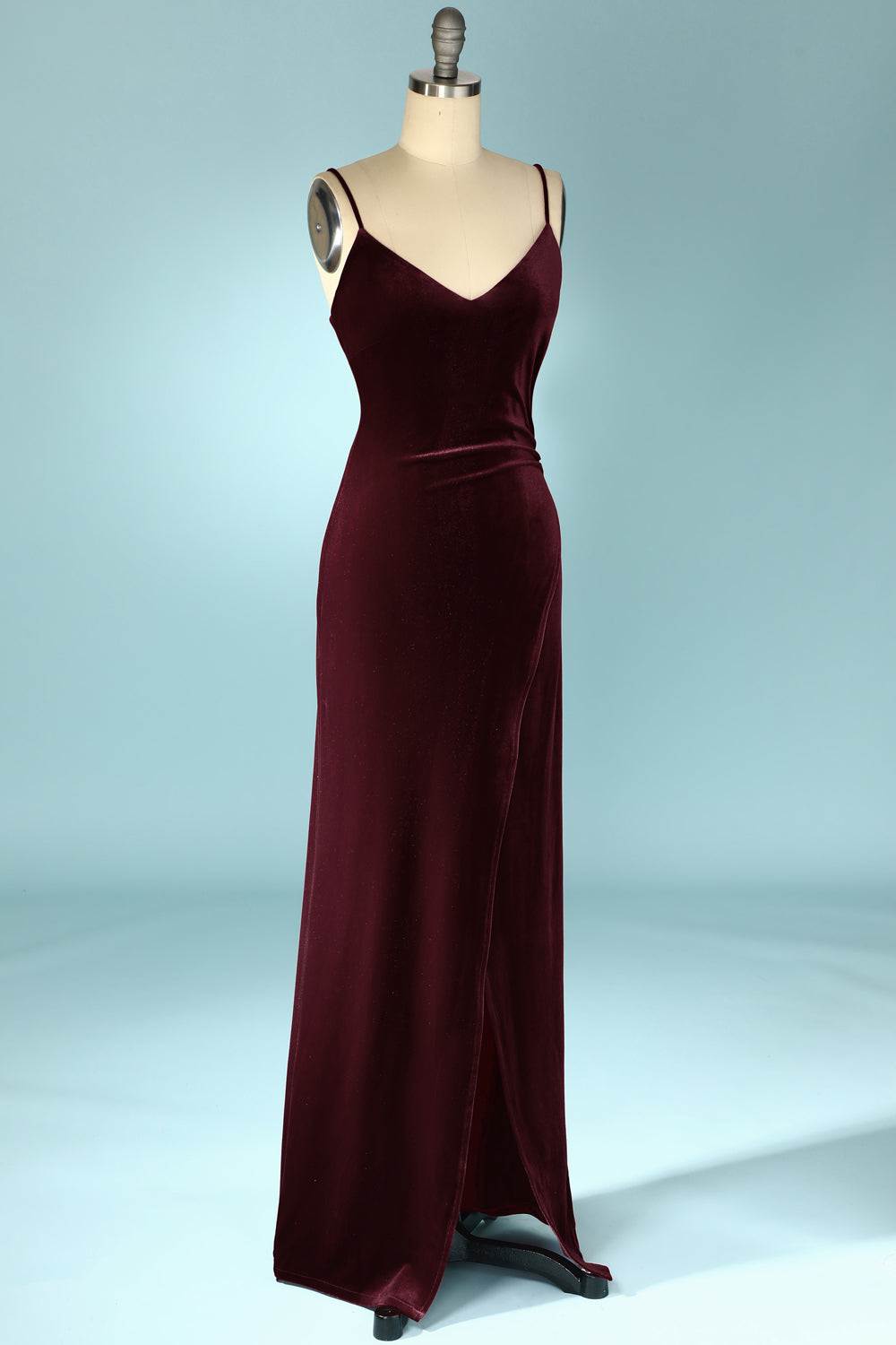 Burgundy Velvet V-Neck Straps Long Bridesmaid Dress with Slit
