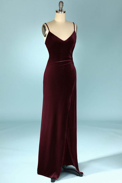 Burgundy Velvet V-Neck Straps Long Bridesmaid Dress with Slit