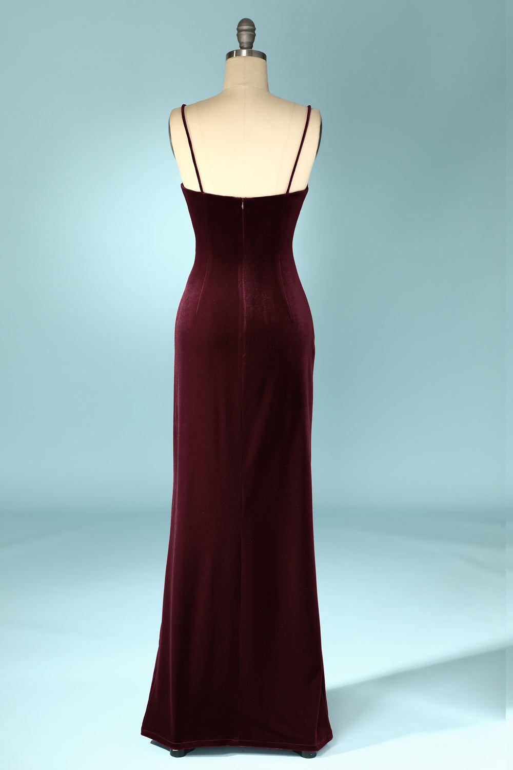 Burgundy Velvet V-Neck Straps Long Bridesmaid Dress with Slit
