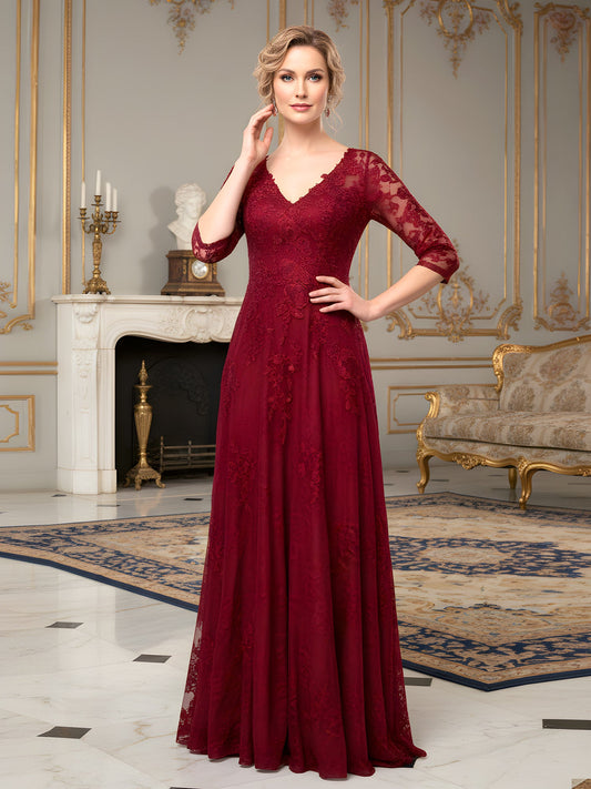 All-Over Embroidered Lace Gown with A-Line Skirt Burgundy