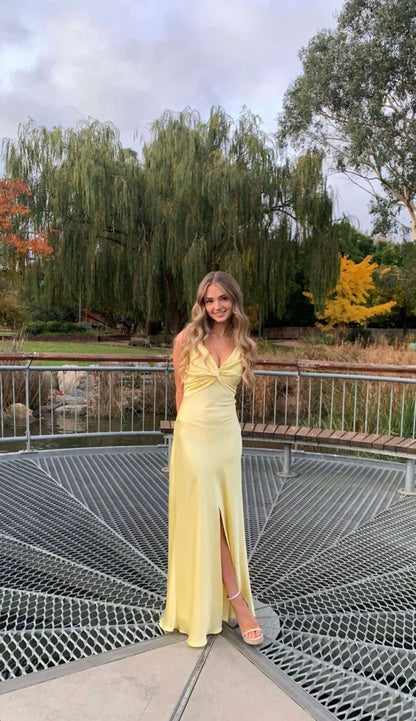 Yellow Fashion V-neck Spaghetti Straps Elegant Long Satin Back lace-up Ball Gown Evening Dress Party Dress gh3160