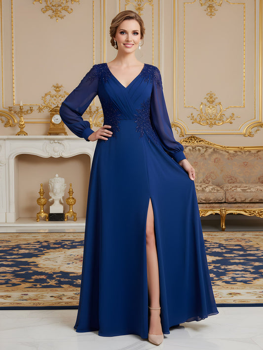 Long Sleeve Chiffon A-Line Gown with Beaded Illusion Bodice Dark Navy