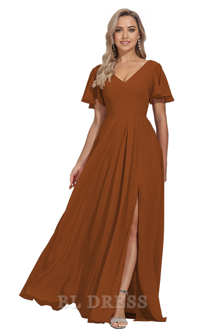A-line V Neck Short Sleeves Chiffon Pleated formal dresses Bridesmaid Dresses evening gown Prom Dress with Slit