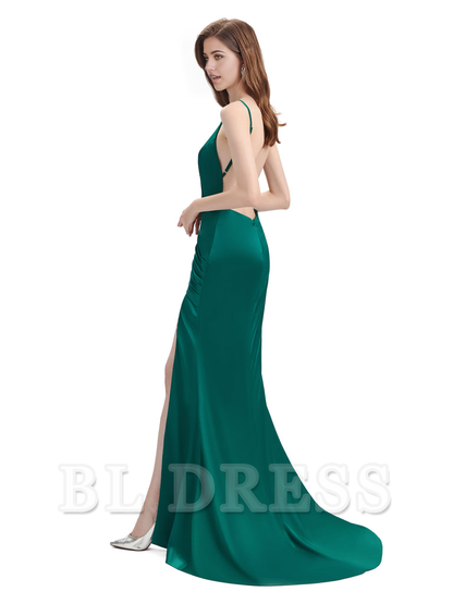 Mermaid Backless Floor-Length Satin formal dresses evening gown Bridesmaid Dresses With Side Slit