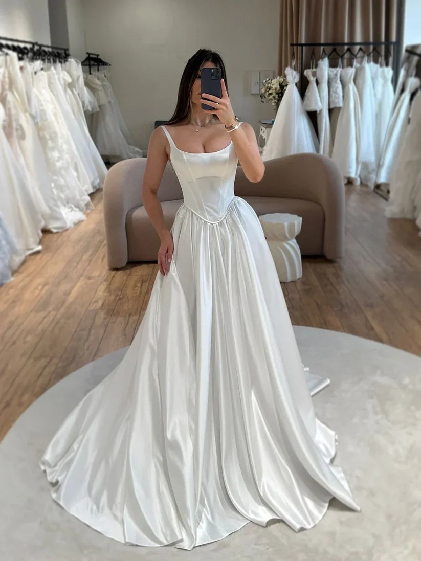 girlhomeshops-White, stylish square-neck satin wedding dress gh6224