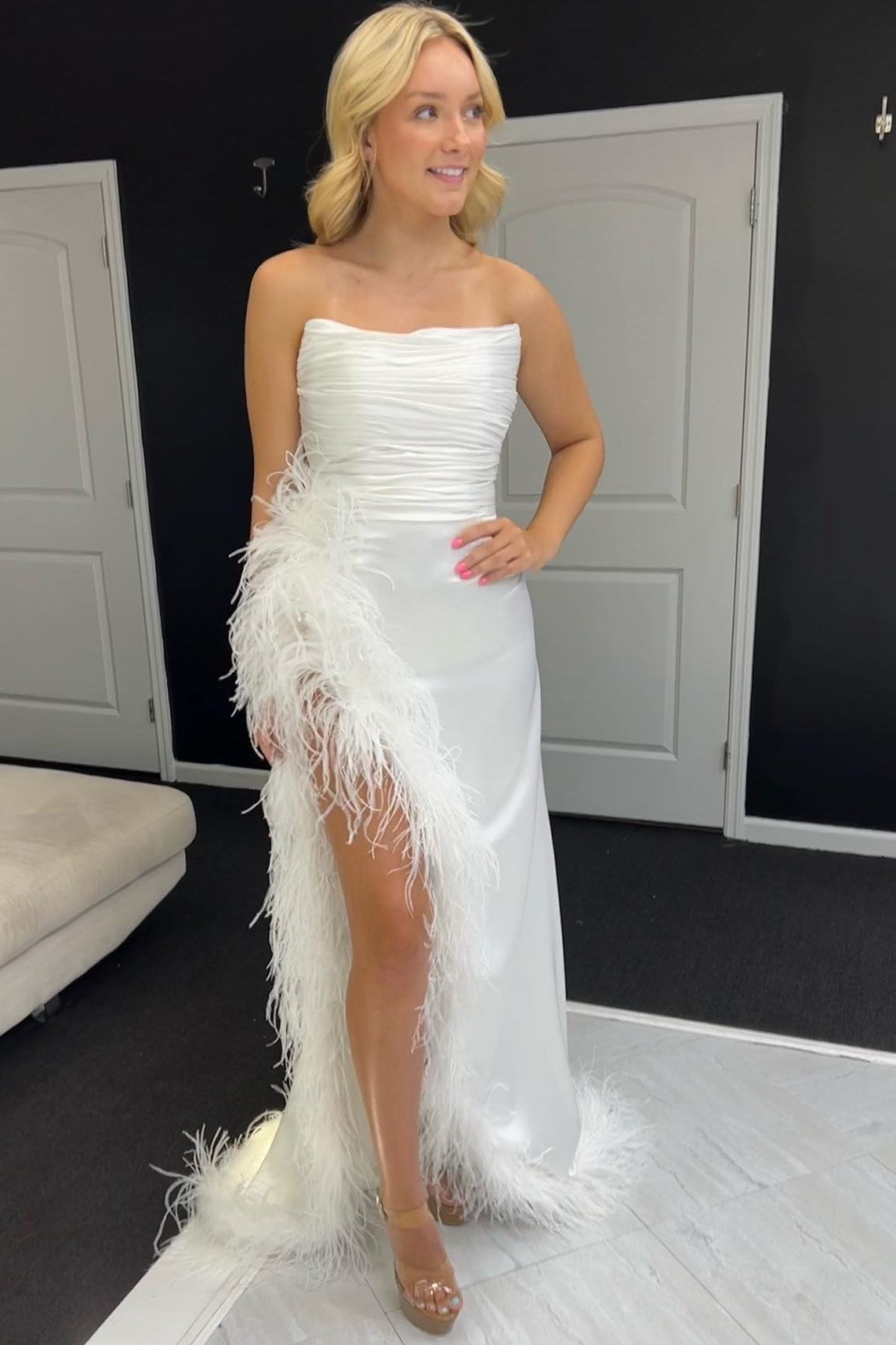 Black Feather Strapless Ruching Long Formal Dress with Slit