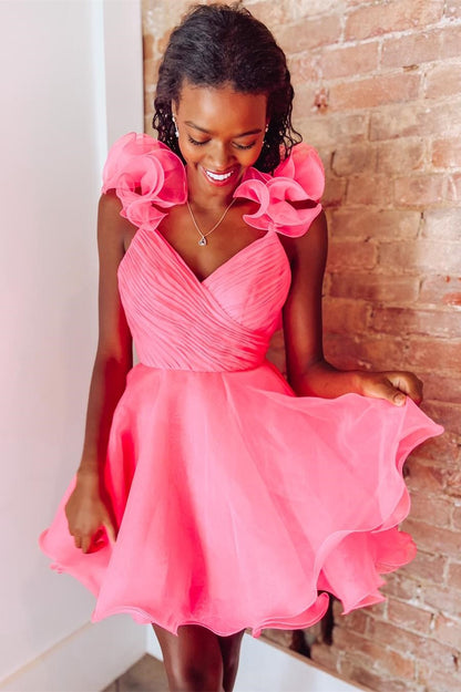 Hot Pink Organza Surplice-Neck Short Party Dress with Ruffles