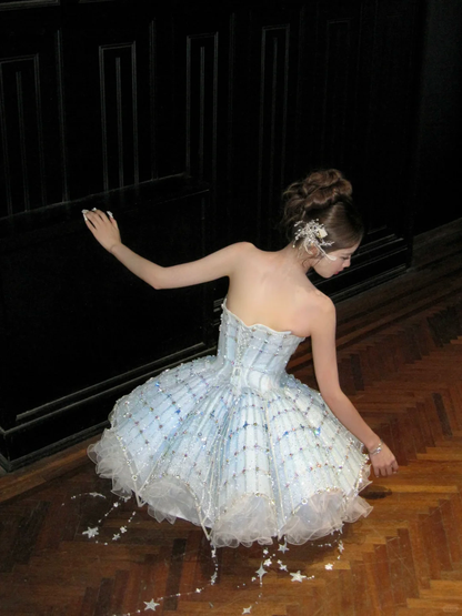 Gorgeous Shiny Light Blue Sequined A-Line Strapless Design Tiered Party Dress Homecoming Dress HZ1024