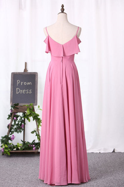 Pink Spaghetti Straps Ruffled Long Bridesmaid Dress