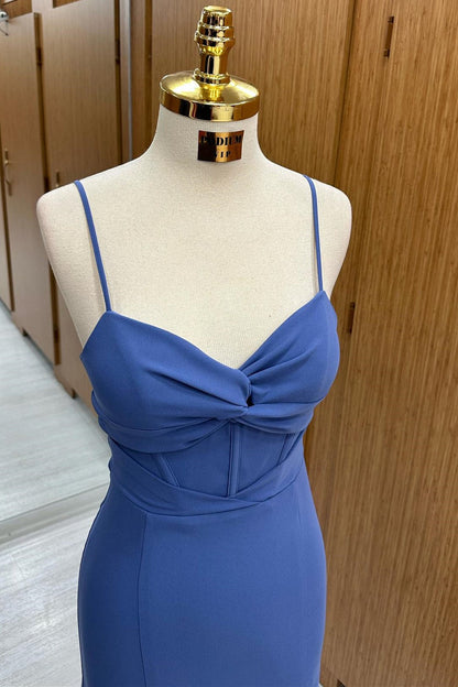 Navy Twist-Front Long Formal Dress with Spaghetti Straps
