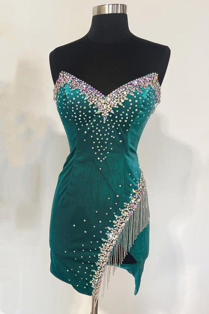 Black Velvet Strapless Beaded Short Cocktail Dress with Tassels