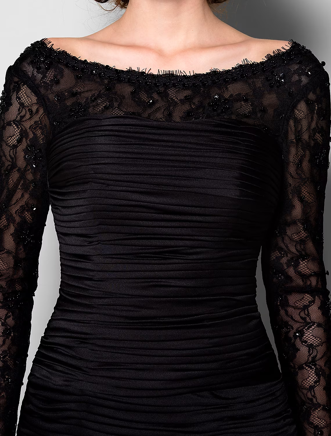 Mother of the Bride Dress Beautiful Back Lace Jersey Long Sleeve with Lace Ruched Beading