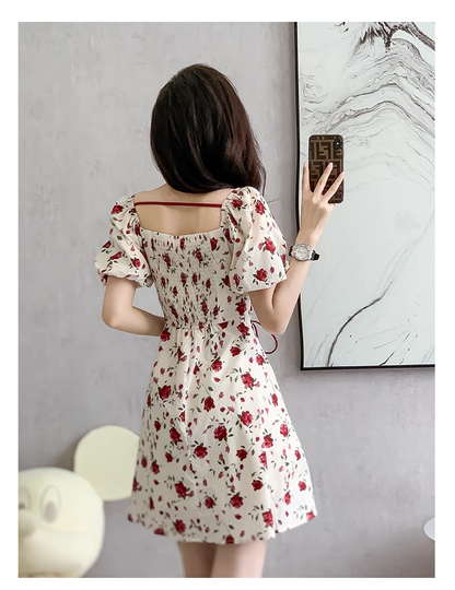 New Simple Elegant Red Floral Design Short Sleeves Women Midi Dress HZ1024