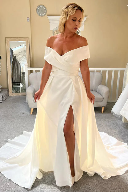 Off-the-Shoulder Long Bridal Gown with Slit