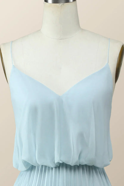 Straps Blue Pleated Full Length Bridesmaid Dress