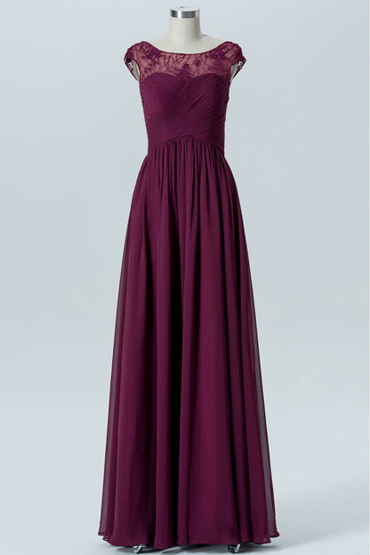 Magenta Chiffon Cap Sleeve Long Bridesmaid Dress