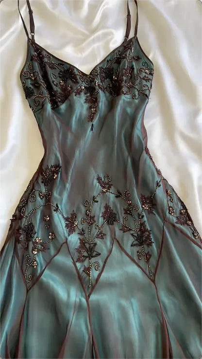 Vintage Dark Green Beaded Embroidery Prom Dress Sheath V-neck Evening Dress Formal Dress HZ1024