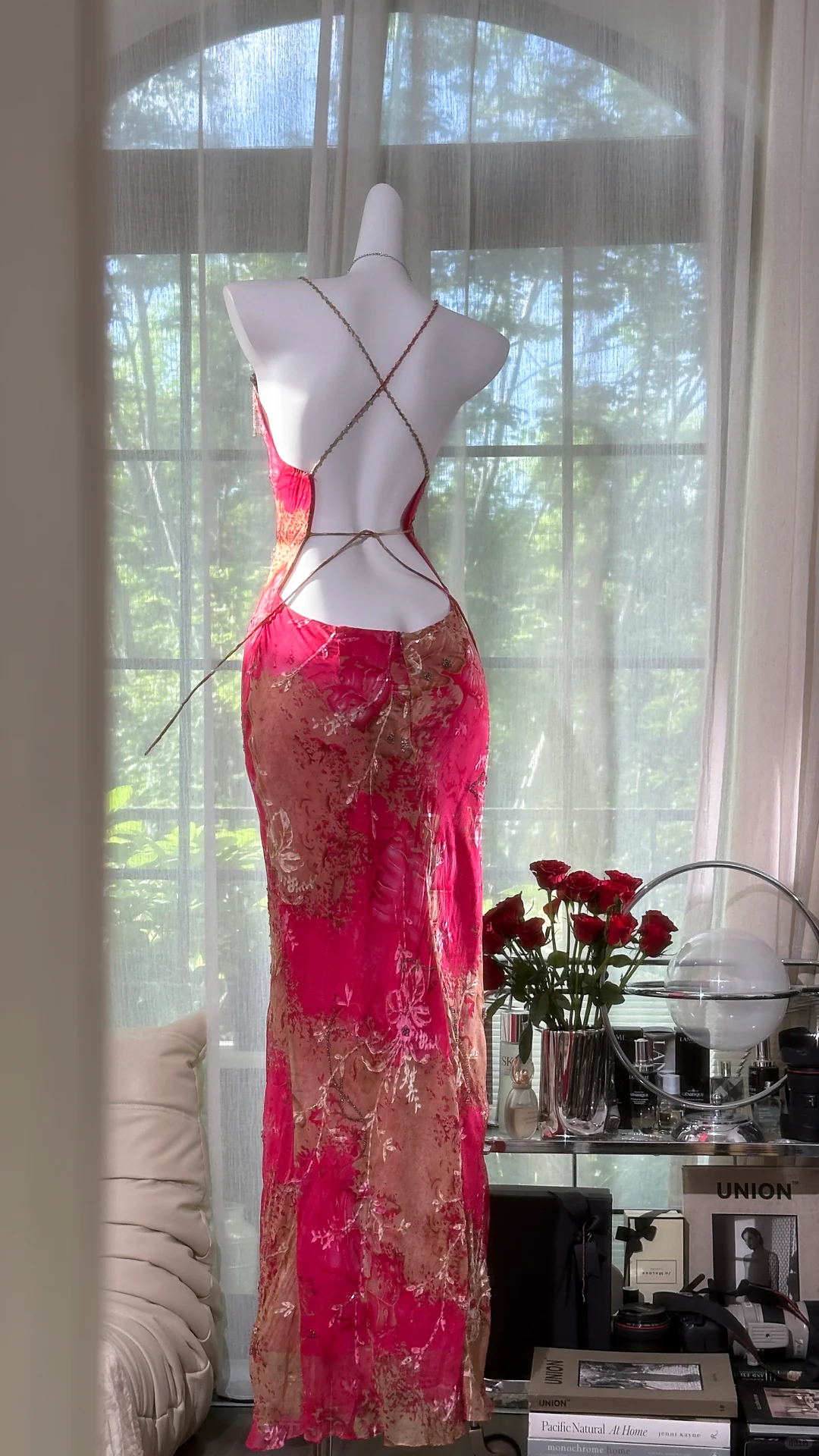 Vintage Red Floral Long Prom Dress Sheath Chiffon Spaghetti Strap Backless Formal Dress HZ1024