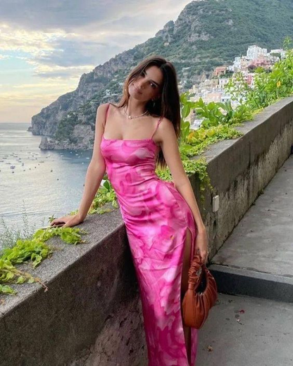Pink Print Spaghetti Straps Long Evening Dress Party Gown cc1381