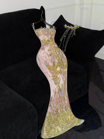 Gorgeous Sparkling Pink Beaded Applique Mermaid Design Exquisite Embroidery Evening Dress Prom Dresses HZ1024