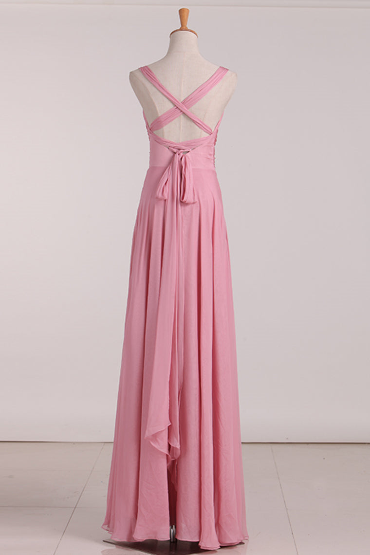 Pink Lace-Up Back Long Bridesmaid Dress