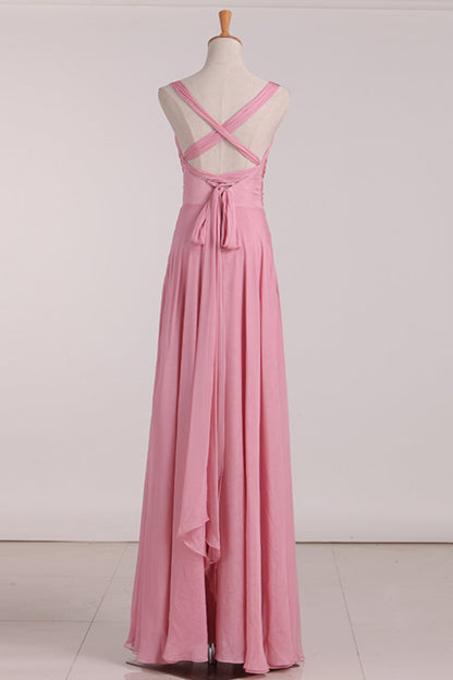 Pink Lace-Up Back Long Bridesmaid Dress