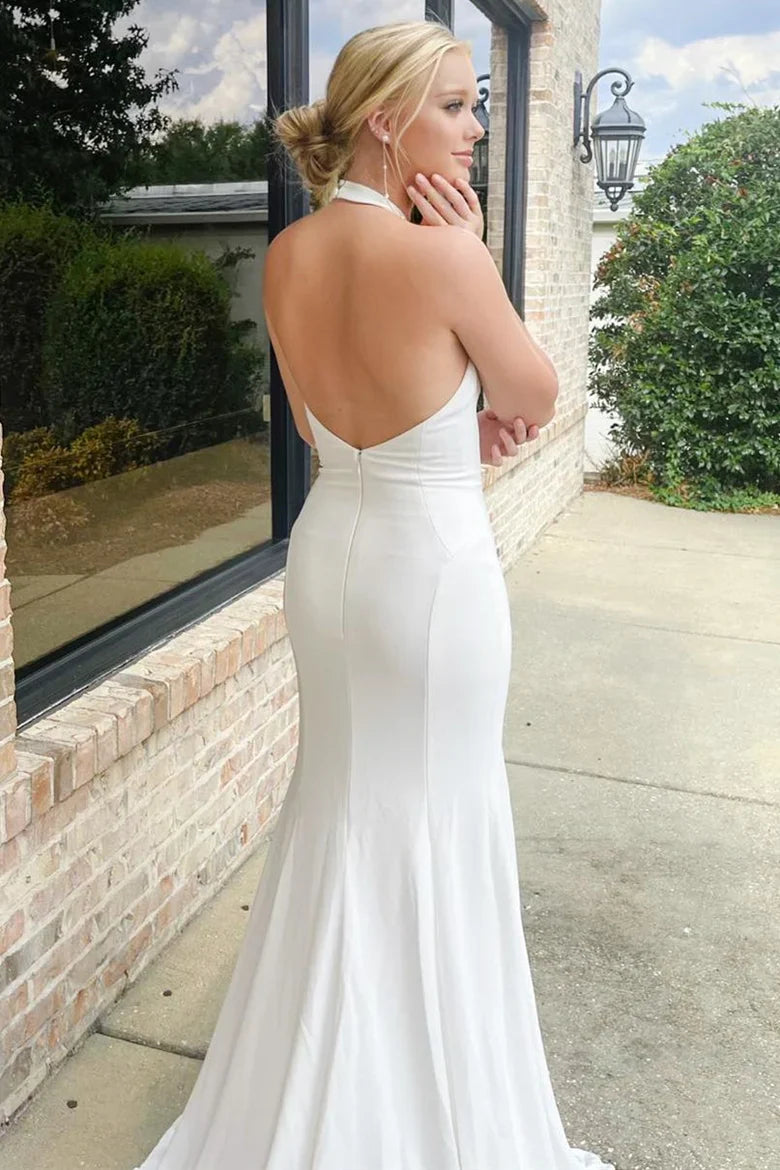 Halter Mermaid Long Wedding Dress with Slit