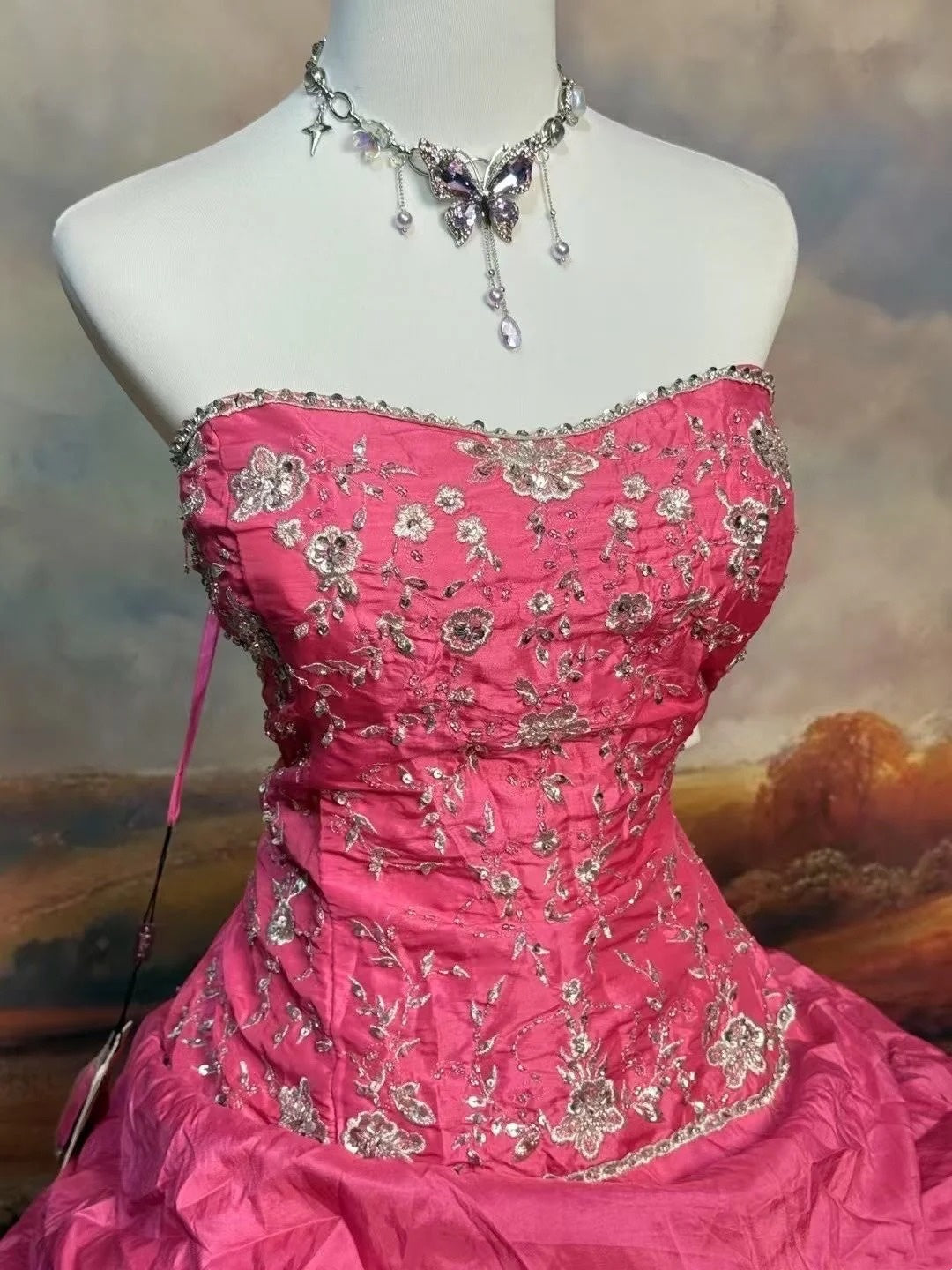 girlhomeshops-Pink Delicate Floral Long Satin Formal Ball Gown gh6288