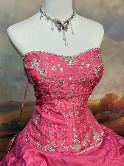 girlhomeshops-Pink Delicate Floral Long Satin Formal Ball Gown gh6288