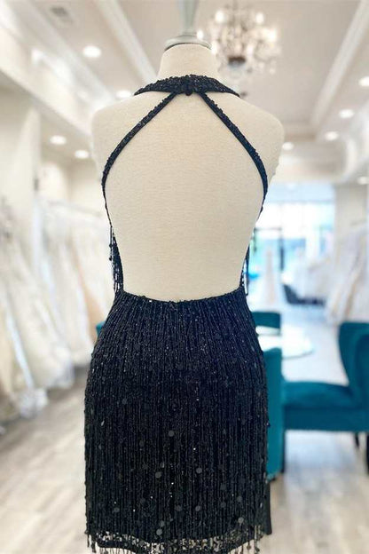 Black Fringes Halter Backless Short Party Dress