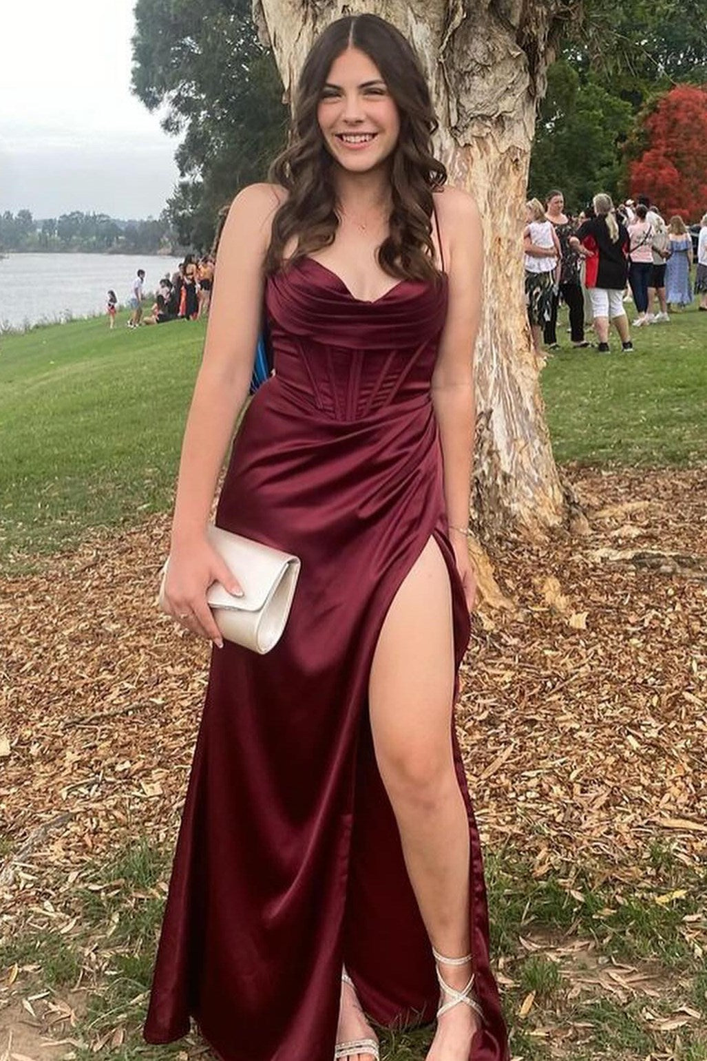 Teal Green Cowl Neck Ruched Lace-Up Long Prom Dress with Slit