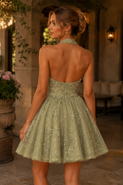 3D Floral Lace Appliques A-Line Empire-Waist Halter Homecoming Dress