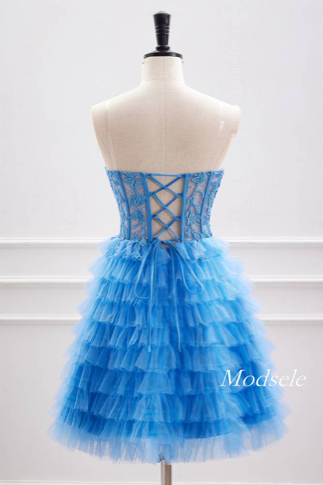 A-Line Strapless Applique Multi-Layers Tulle Sleeveless Short  Homecoming Dress