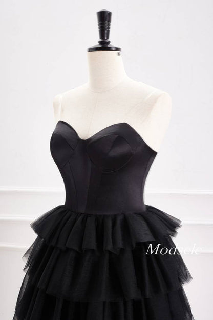 Strapless Black A-Line Tiered Tulle Homecoming Dress