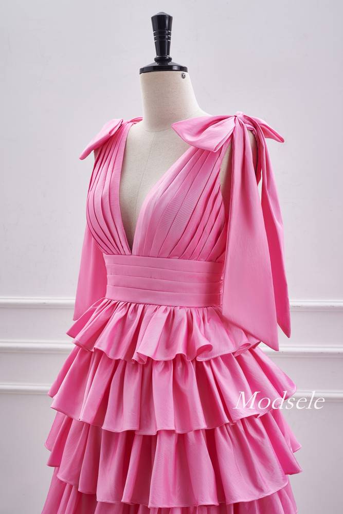 V-Neck Pink Pleated Ruffle Homecoming Dress