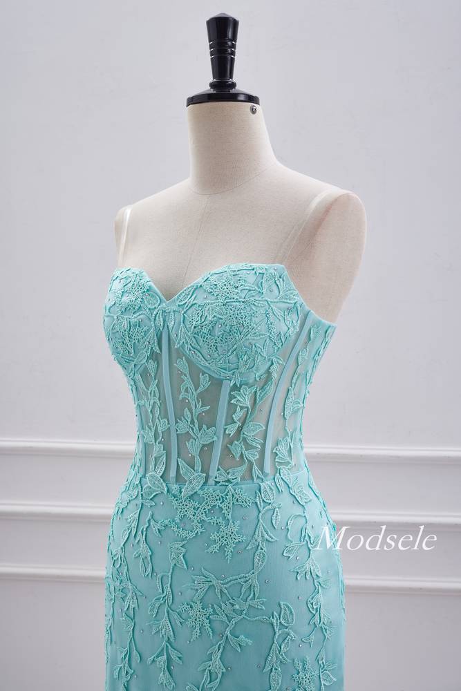 Strapless Aqua Green Applique Tight Homecoming Dress with Lace-up