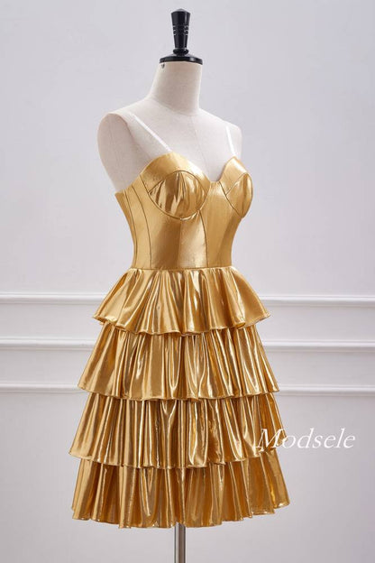 Strapless Gold Metallic A-Line Ruffle Homecoming Dress