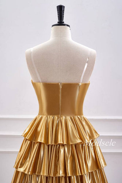 Strapless Gold Metallic A-Line Ruffle Homecoming Dress