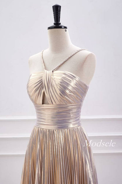 Champagne Metallic Spaghetti Strap Pleated A-Line Homecoming Dress