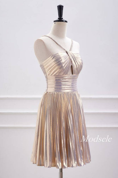 Champagne Metallic Spaghetti Strap Pleated A-Line Homecoming Dress