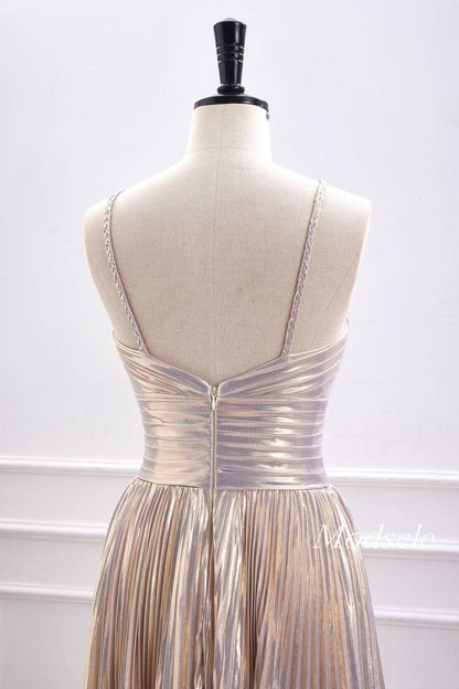 Champagne Metallic Spaghetti Strap Pleated A-Line Homecoming Dress
