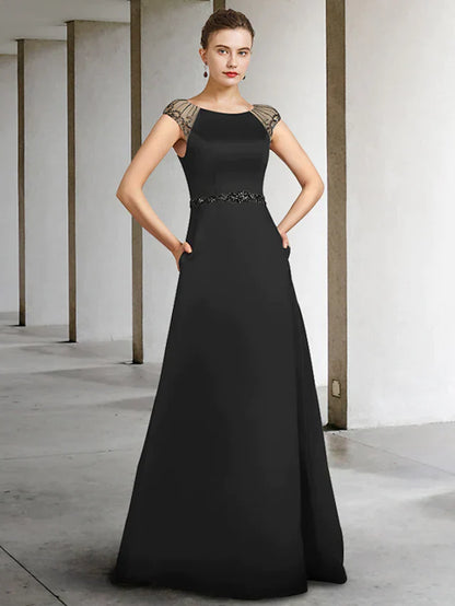 A-Line Mother of the Bride Dress Elegant Jewel Neck Floor Length Satin Sleeveless with Sash Ribbon