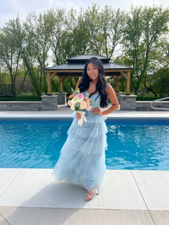 Light Blue Tulle Pleated Floor Length Junior Prom Dress cc1237