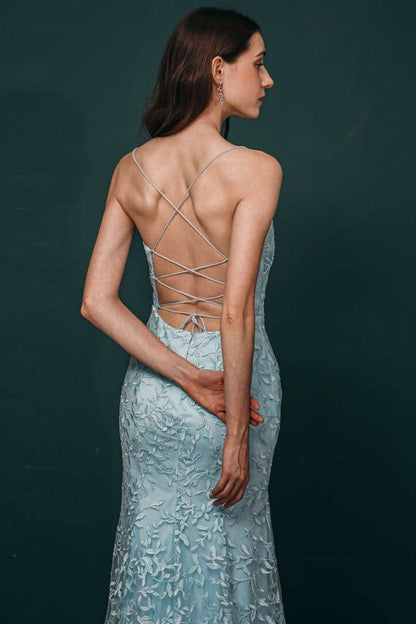 Light Blue Applique Lace Mermaid Dress